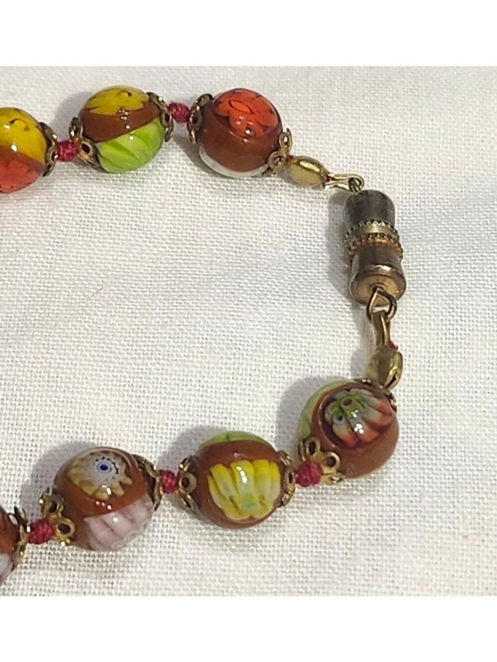 Vintage Italian Millefiori Glass Bead Necklace Gold-Tone Filigree End Caps - Picture 6 of 6